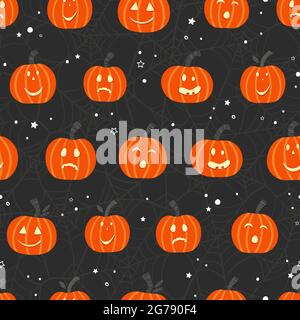 Cute hand drawn Halloween seamless pattern with pumpkins, happy, angry, surprised, great for textiles, wallpapers, wrapping, surfaces - vector design Stock Vector