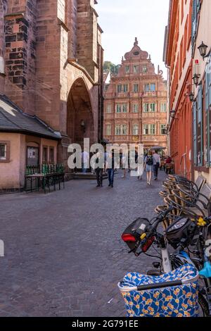 Europe, Germany, Baden-Wuerttemberg, Heidelberg, street scene in front of the Heiliggeistkirche Stock Photo