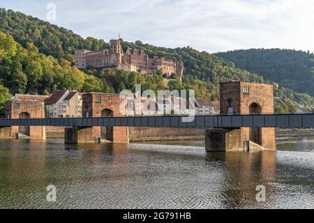 Europe, Germany, Baden-Wuerttemberg, Heidelberg, view of the lock and the Heidelberg Castle Stock Photo