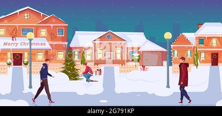 People going along street with houses decorated with christmas lights flat vector illustration Stock Vector