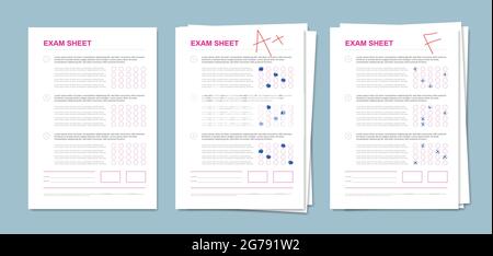 Exam sheets template 3 realistic test pages piles with multiple choice answers samples blue background vector illustration Stock Vector
