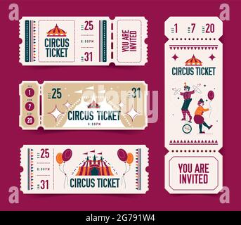 Realistic empty ticket circus set of isolated coupons with editable text and images of big top vector illustration Stock Vector