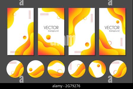 Abstract liquid yellow stories templates and highlight cover icons for social media. Vector fluid gradient backgrounds for instagram Stock Vector