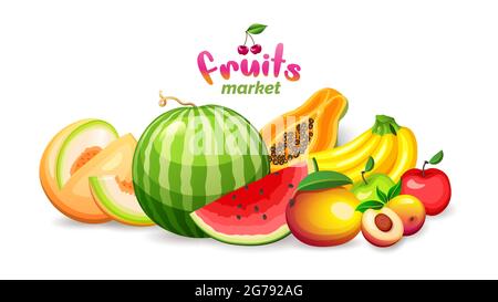 Mountain of exotic fruits on white background, fruit market store logo and banner, vector illustration. Stock Vector