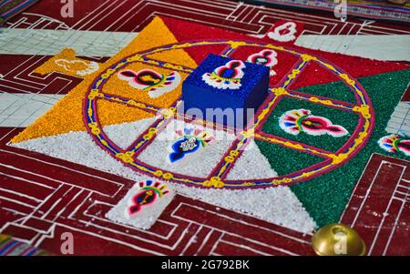 Shey Temple (Shey Palace or Shey Gompa). Buddhist monks create sand mandala. Landscape in Ladakh, Jammu and Kashmir, India, June 2018. Stock Photo