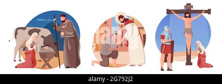 Set of three flat compositions with jesus christ and christian people isolated vector illustration Stock Vector