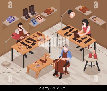 Shoemaker shop interior isometric composition with craftsmen repairing and making customer shoes footwear by hand vector illustration Stock Vector