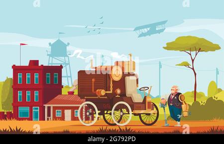 Car in steampunk style and old man with robotic arm holding wrench outdoors cartoon vector illustration Stock Vector