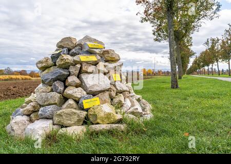 Europe, Germany, Baden-Wuerttemberg, Stuttgart, stone exhibition with signs in the avenue through the Hohenheim fields Stock Photo