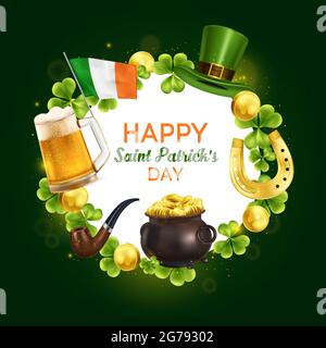 Realistic patrick day frame with round composition of ornate text surrounded by leprechaun hat and clover leaves vector illustration Stock Vector