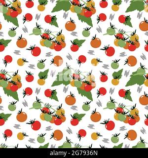 Assorted vegetables seamless pattern, tomatoes red and yellow, illustration. Vegetable print Stock Vector