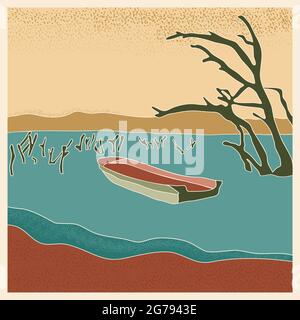 Abstract retro landscape poster. Stylized boat in lake with dry tree trunks, mountains on the horizon vector illustration with noises Stock Vector
