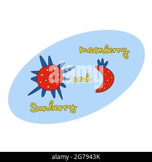 Sun and moon funny stylized like strawberry fruit with lettering sun berry and moon berry for card, print, textile design, poster, cover vector illustration Stock Vector
