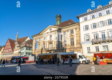Europe, Germany, Baden-Wuerttemberg, Esslingen, weekly market on the town hall square in the old town of Esslingen Stock Photo