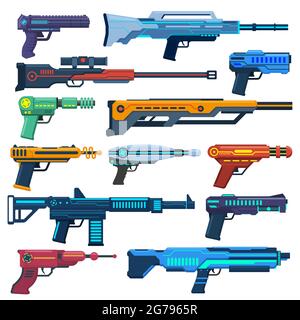 Game futuristic blasters. Space aliens laser, space blasters, guns and rifles for children playing vector illustration set. Futuristic pistols Stock Vector