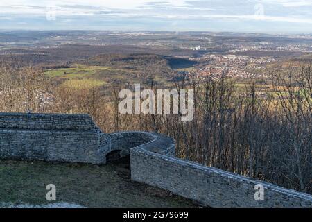 Europe, Germany, Baden-Wuerttemberg, Swabian Alb, Neuffen, view from Hohenneuffen Castle into the Alb foreland Stock Photo