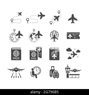 Airport, airline and airplane black vector icon set. Travel, boarding pass, flight route icons. Stock Vector