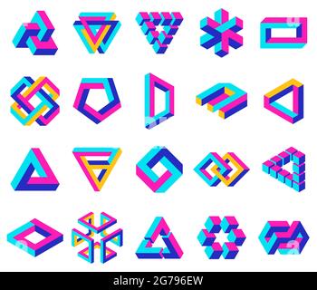 Geometric impossible shapes. Paradox triangle, square and circular figures, optical illusion vector symbols set. Impossible unexpanded shapes Stock Vector