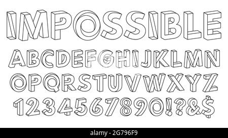 Impossible shapes font. Paradox alphabet letters and numbers, geometric abc figures vector illustration set. Optical illusion impossible alphabet Stock Vector