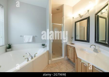 Large bathroom interior with bathtub, sink and shower Stock Photo