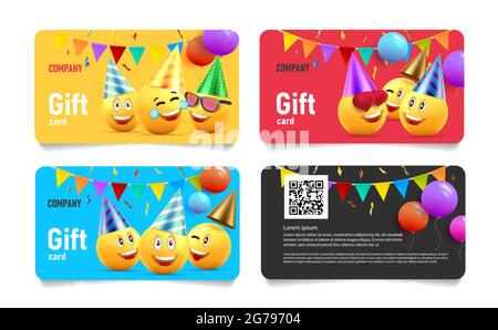 Set of birthday gift cards, template layout with funny illustration of yellow heads in hats with balloons and festive flags Stock Vector