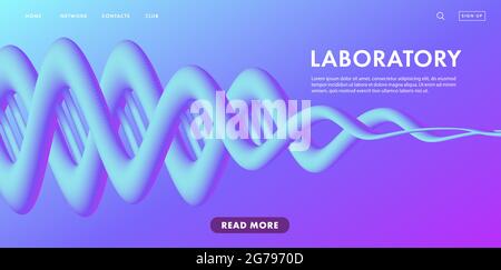 Landing page banner for scientific lab or medical company with fluid 3d illustration of DNA spiral in light blue and purple colors Stock Vector