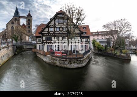 Europe, Germany, Baden-Wuerttemberg, Esslingen, old town, view from the Agnes Bridge to the island in the Roßneckarkanal Stock Photo