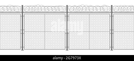 Metallic barbed wire fence. Secured razor wire barrier, steel pillars and razor wire border vector background illustration. Territory protection Stock Vector