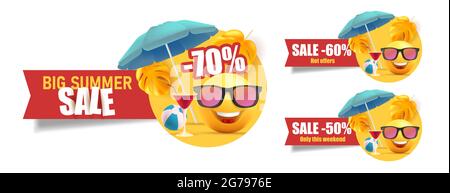 Set of summer sale web labels with yellow smiling faces under umbrella with cocktails on the beach, red ribbon with discounts and promo Stock Vector