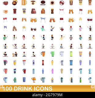 100 drink icons set. Cartoon illustration of 100 drink icons vector set isolated on white background Stock Vector