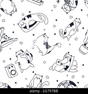 Cute cats pattern in black. Cute kitten working at laptop, listening to music, playing with ball of threads Stock Vector