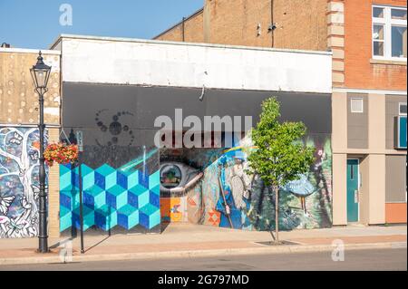 Medicine Hat, Alberta - July 11, 2021: Abandoned businesses in downtown Medicince Hat. Stock Photo