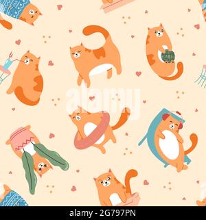 Cute cats playing pattern. Pet animal walking, resting on chaise and listening to music in earphones Stock Vector