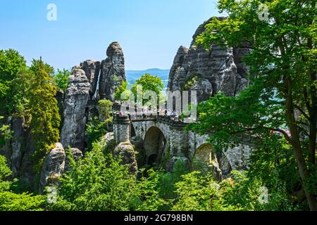 The Bastei is a rock formation with a viewing platform in Saxon Switzerland on the right bank of the Elbe in the area of the municipality of Lohmen. It is one of the most popular tourist attractions in Saxon Switzerland. Stock Photo