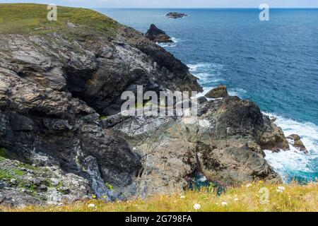 The cliffs at Trevose Head,Cornwall, UK with the beautiful Ocean in the distance Stock Photo