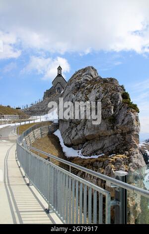 View from the sun terrace of the Wendelsteinhauser to the Wendelstein Church 'Patrona Bavariae' on the Wendelstein (1838m), Mangfall Mountains, Bavarian Alps, Upper Bavaria, Bavaria, Germany, Europe Stock Photo