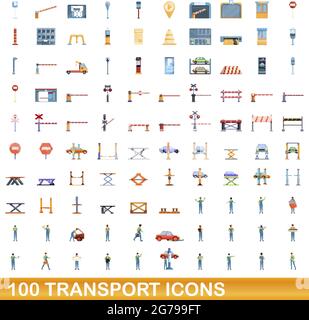 100 transport icons set. Cartoon illustration of 100 transport icons vector set isolated on white background Stock Vector