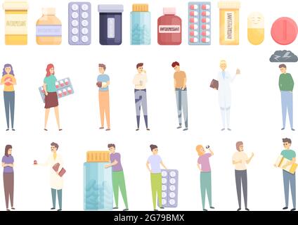 Antidepressant icons set cartoon vector. Family health. Mental sad Stock Vector