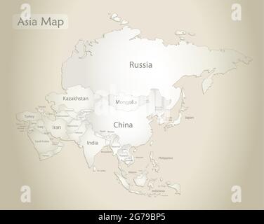 Asia map, separate states with names, old paper background vector Stock Vector