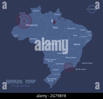 Brazil map, with names of individual states, infographics blue flat design vector Stock Vector