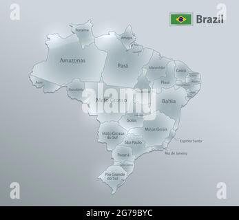 Brazil map and flag, administrative division, separates regions and names individual region, design glass card 3D vector Stock Vector