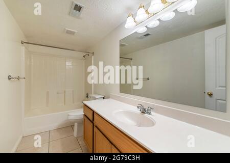 Bathroom interior with long vanity sink and bathtub with shower Stock Photo