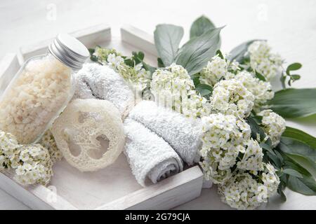 Spa still life with health and body care products, loofah and sea salt. Stock Photo