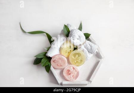 Spa flat lay composition with bath accessories for personal hygiene and body care. Stock Photo