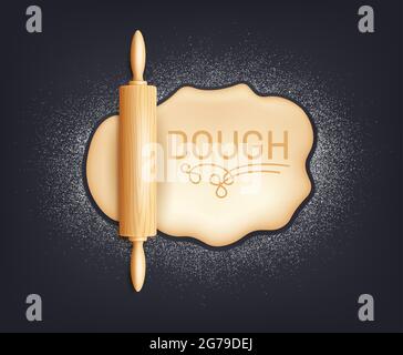 Realistic wooden rolling pin and kneading dough with flour. Design concept for baking, pizza, cookies, biscuits, bread. Dark board background, vector Stock Vector