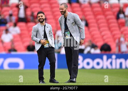 London, UK. 11th July, 2021. Lorenzo INSIGNE (ITA) and Giorgio CHIELLINI (ITA) upon arrival at the stadium. Final, game M51, Italy (ITA) - England (ENG) on 07/11/2021 in London/Wembley Stadium. Soccer Euro 2020 from 11.06.2021-11.07.2021. Photo; Marvin Guengoer/GES/Pool via Sven Simon Fotoagentur GmbH & Co. Press photo KG # Prinzess-Luise-Str. 41 # 45479 M uelheim/R uhr # Tel. 0208/9413250 # Fax. 0208/9413260 # GLS Bank # BLZ 430 609 67 # Account 4030 025 100 # IBAN DE75 4306 0967 4030 0251 00 # BIC GENODEM1GLS # www.svensimon.net. Credit: dpa picture alliance/Alamy Live News Stock Photo