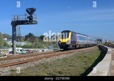 Cross Country train 1V42 the 0610 Derby-Plymouth passing Dawlish Warren. 26th April 2021. Stock Photo