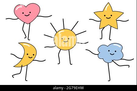 Set of smiling funny kids character. Weather sun cloud heart happy face dancing. Children kids textile print emoji. Cartoon drawing flat color sticker Stock Vector