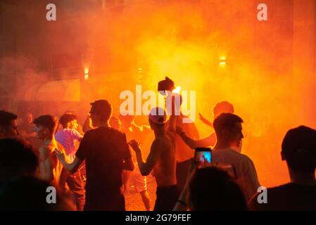 People flooding the streets to celebrate Italy UEFA european championship win on math at Wembley vs England 11th July 2021 Italy Stock Photo