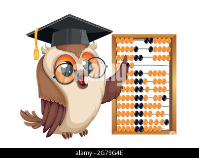 Owl in graduation cap standing near abacus. Back to school. Wise owl cartoon character. Stock vector illustration Stock Vector